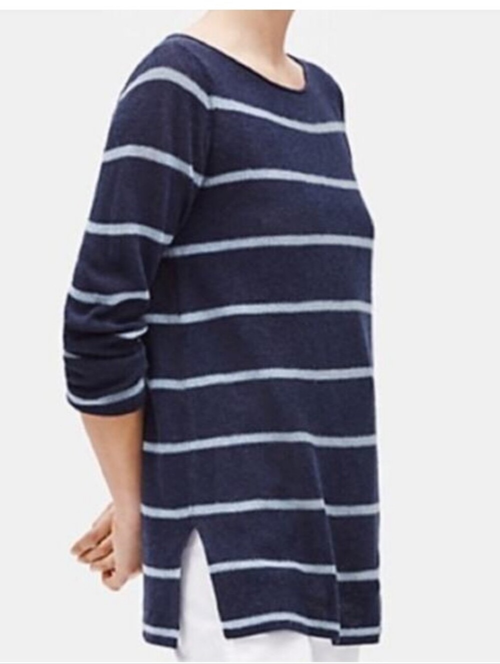 EILEEN FISHER Women's Sweater Medium Blue Organic Linen Nautical Boat Neck